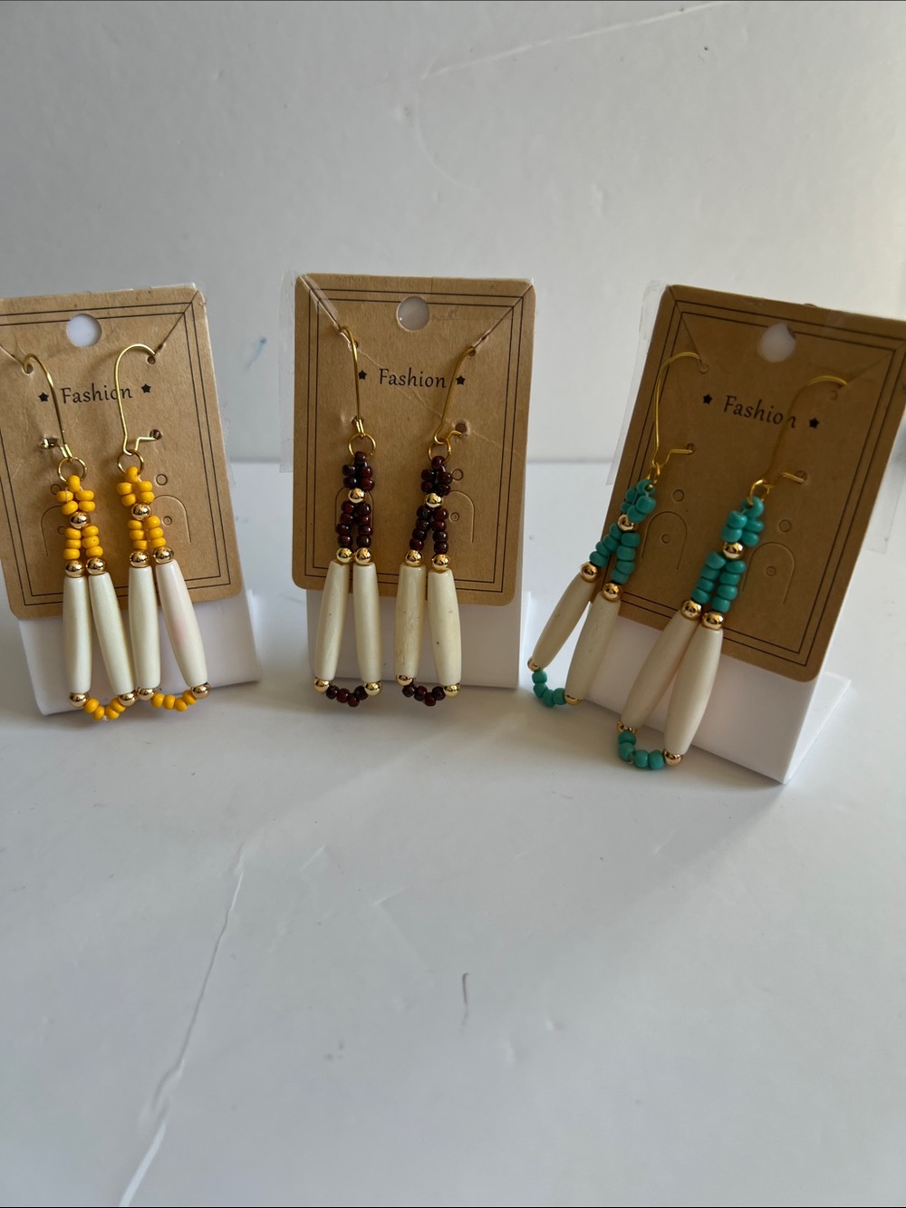 Fashion White Natural Bead Drop Earrings with Yellow, Brown or Turquoise Accents